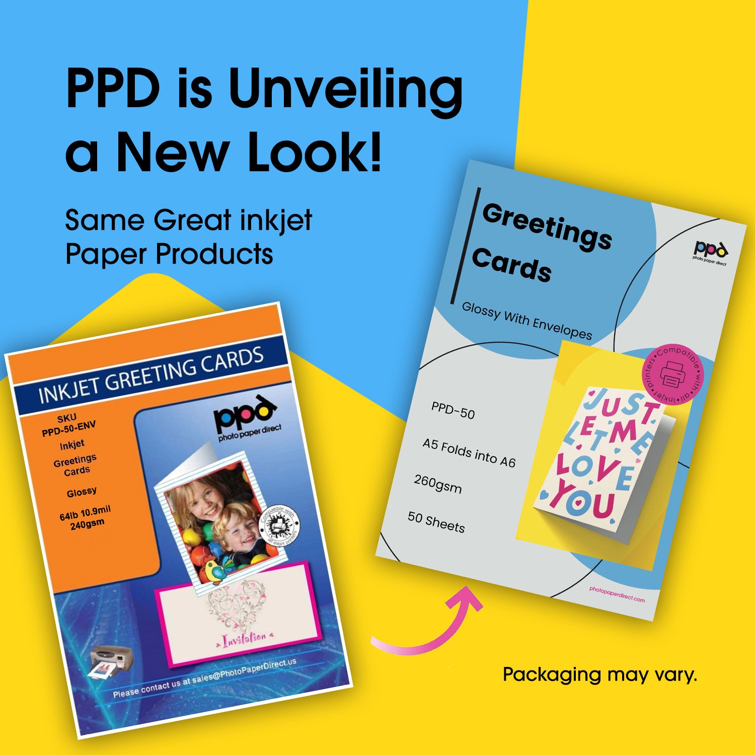 PPD Inkjet Printable Greeting Cards A5 Pre-Scored To A6 260gsm Gloss Inc Envelopes PPD-50-ENV-50