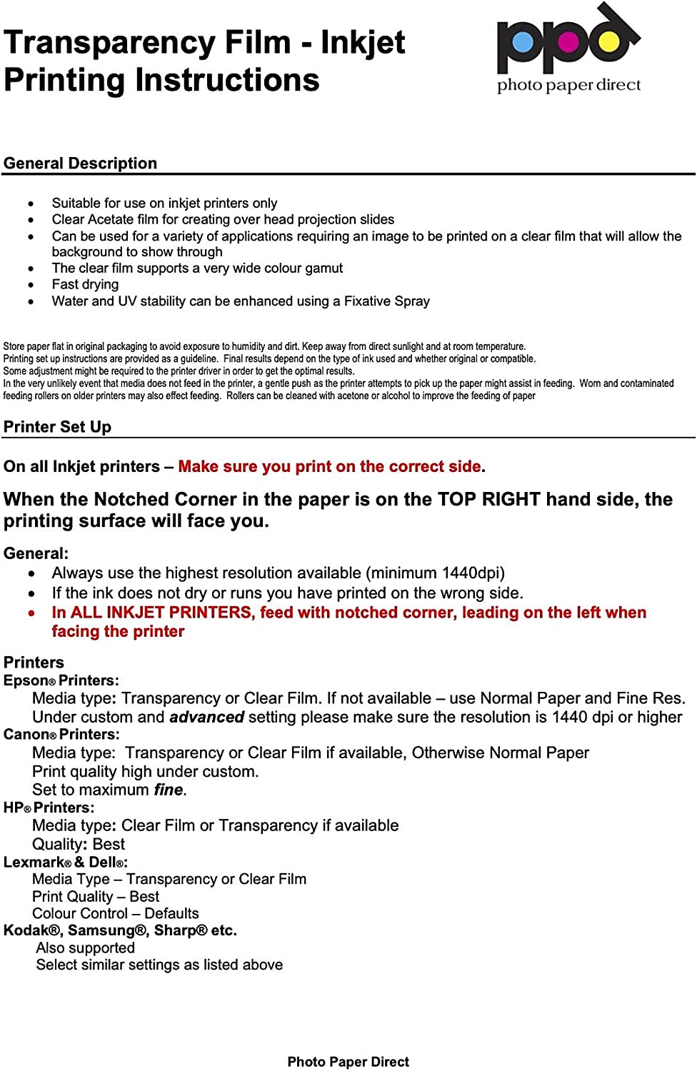 PPD Inkjet Transparencies Overhead Projector Film (OHP Film) A4 PPD-34