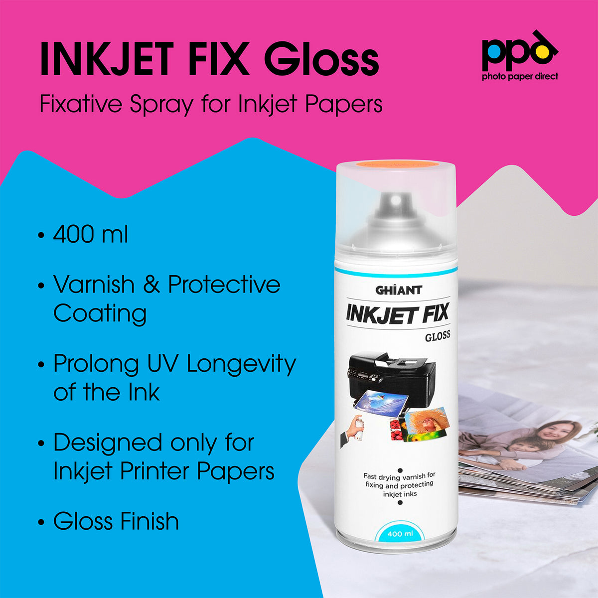 Ghiant INKJET FIX 400ml Glossy Fixative Spray for Inkjet Papers –  PhotoPaperDirect UK
