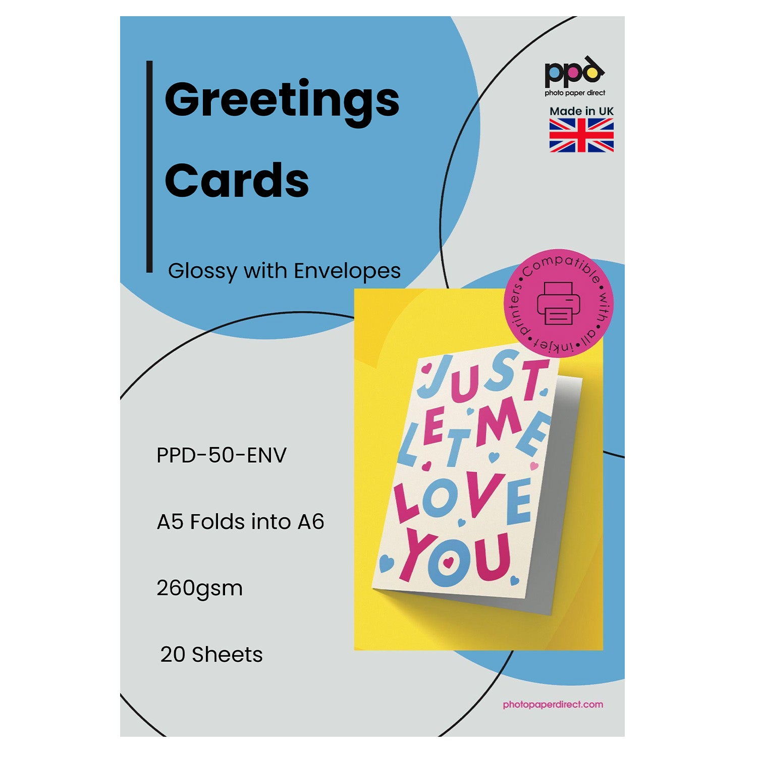PPD Inkjet Printable Greeting Cards A5 Pre-Scored To A6 260gsm Gloss Inc Envelopes PPD-50-ENV-50