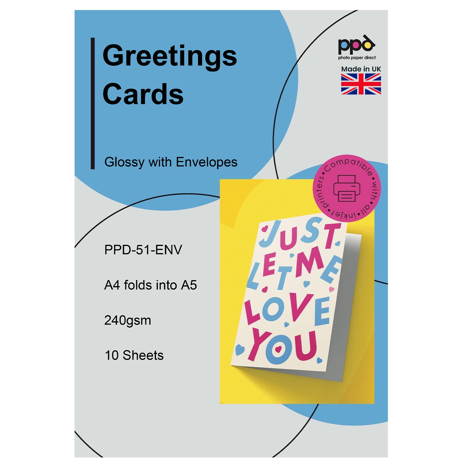 PPD Inkjet Gloss Greeting Card Paper Super Heavyweight A4 to A5 260gsm with Envelopes PPD-51-ENV