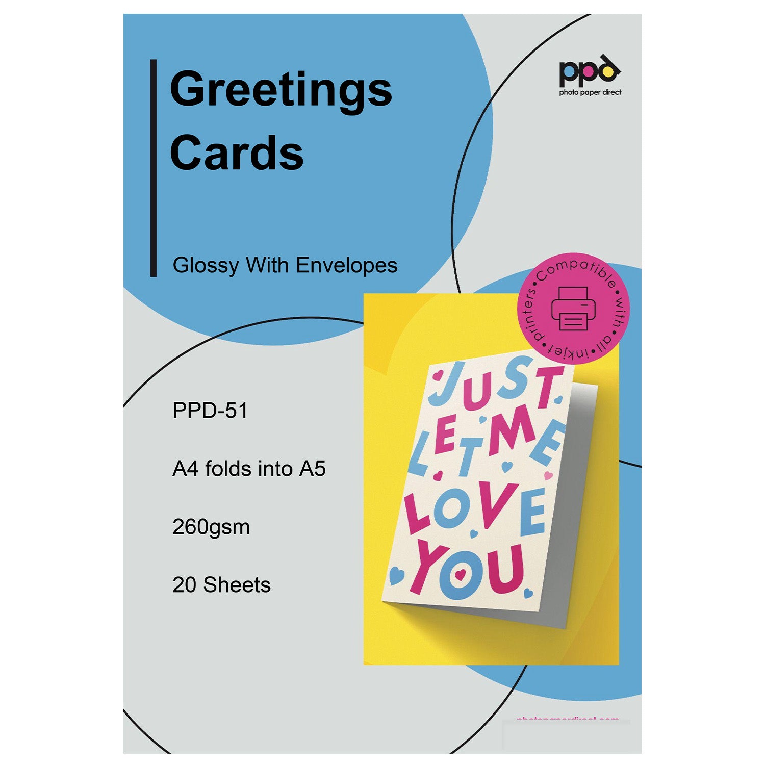 PPD Inkjet Gloss Greeting Card Paper Super Heavyweight A4 to A5 260gsm with Envelopes PPD-51