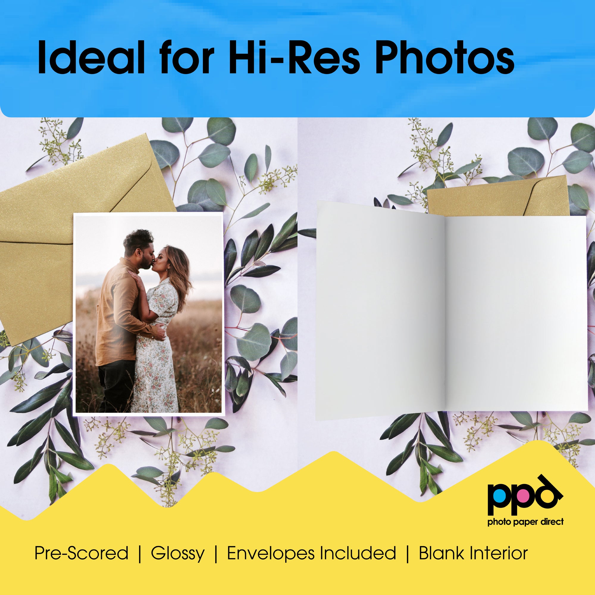 PPD Inkjet Printable Greeting Cards A5 Pre-Scored To A6 260gsm Gloss Inc Envelopes PPD-50-ENV-50