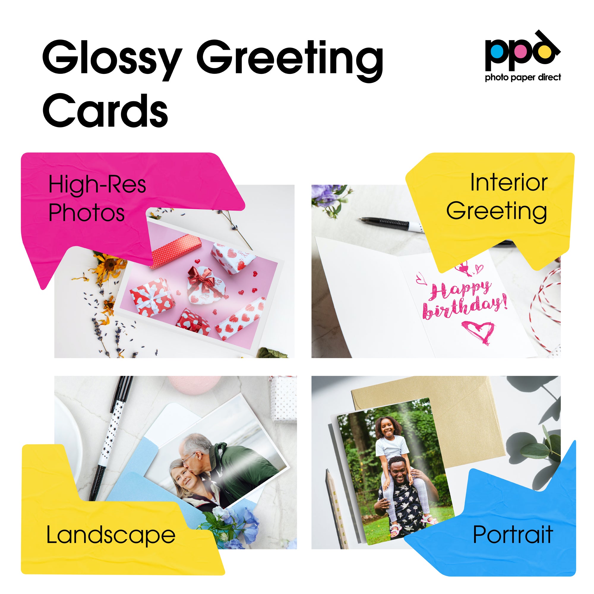PPD Inkjet Printable Greeting Cards A5 Pre-Scored To A6 260gsm Gloss Inc Envelopes PPD-50-ENV-50