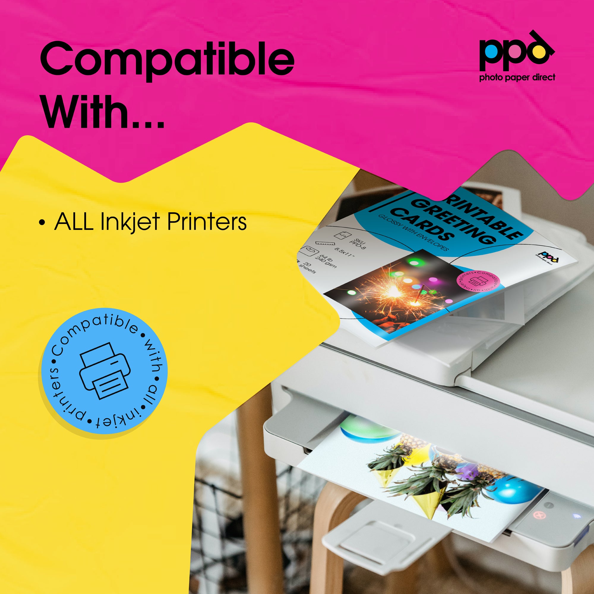 PPD Inkjet Printable Greeting Cards A5 Pre-Scored To A6 260gsm Gloss Inc Envelopes PPD-50-ENV-50