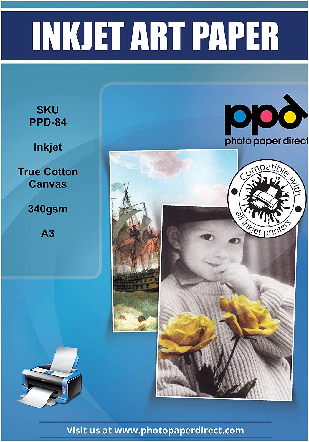 PPD Inkjet Printable Canvas 100% Real Cotton 340g 125lb 17mil A3 PPD-84