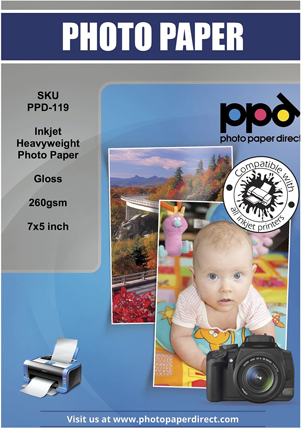 PPD Inkjet Heavyweight Photo Paper Glossy 64lb. 240gsm 10.9mil 5 x 7" PPD-119