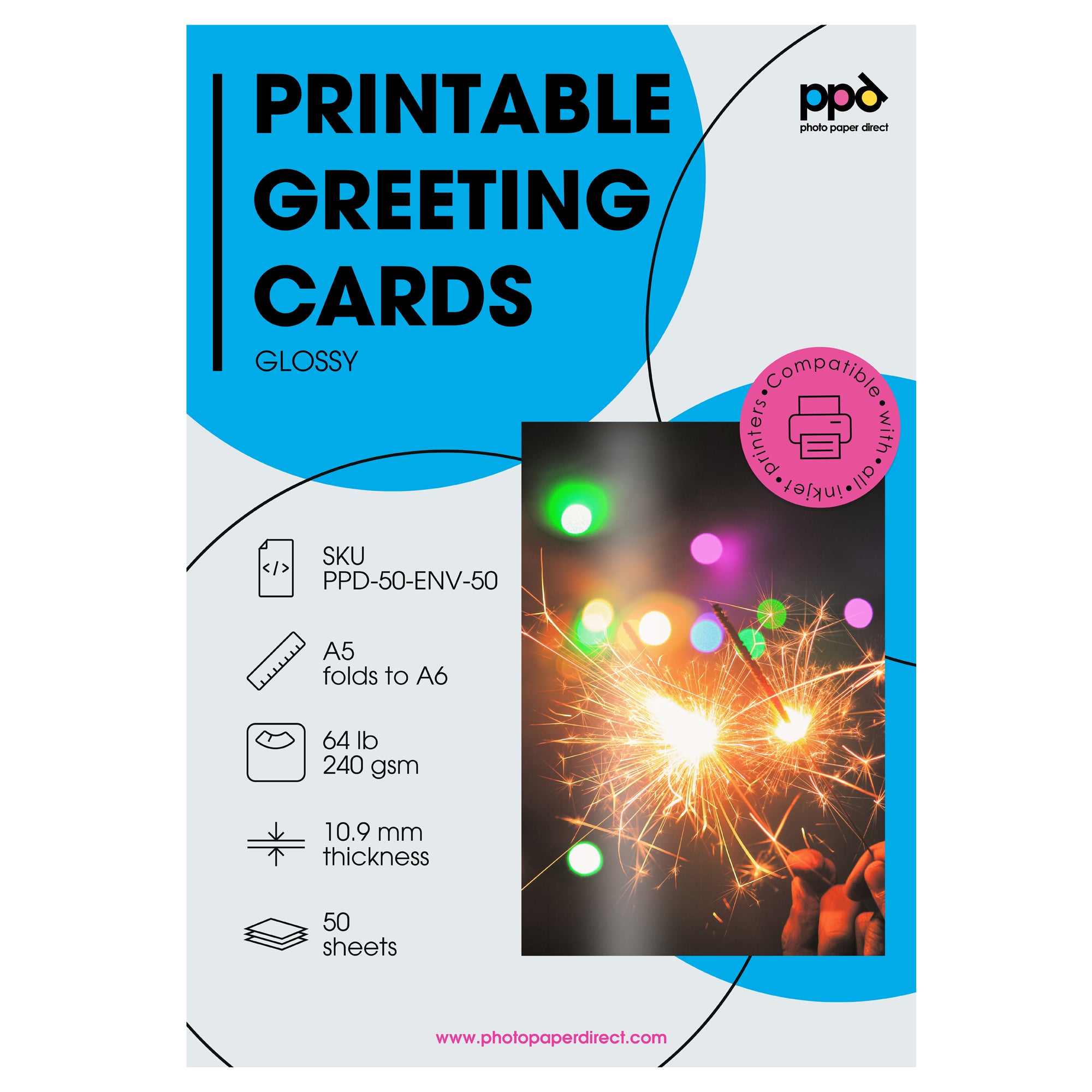 PPD Inkjet Printable Greeting Cards A5 Pre-Scored To A6 260gsm Gloss Inc Envelopes PPD-50-ENV-50
